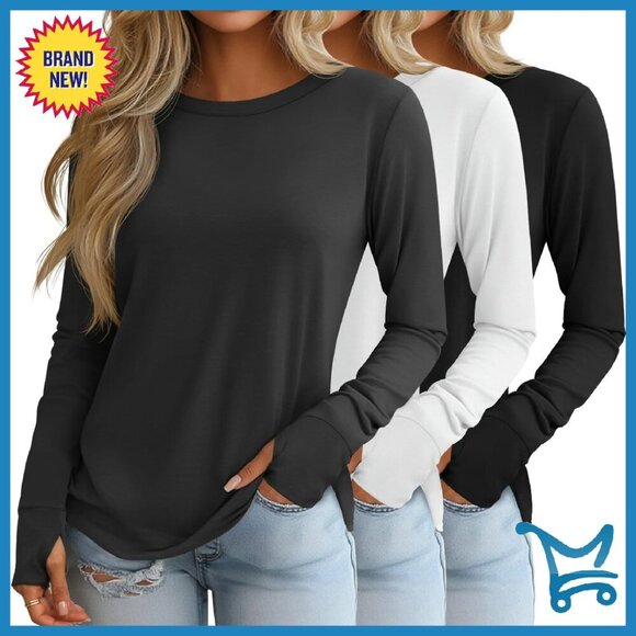 Tops - Women's Long Sleeve Cotton Tunic Top with Thumb Holes - 3 Pack